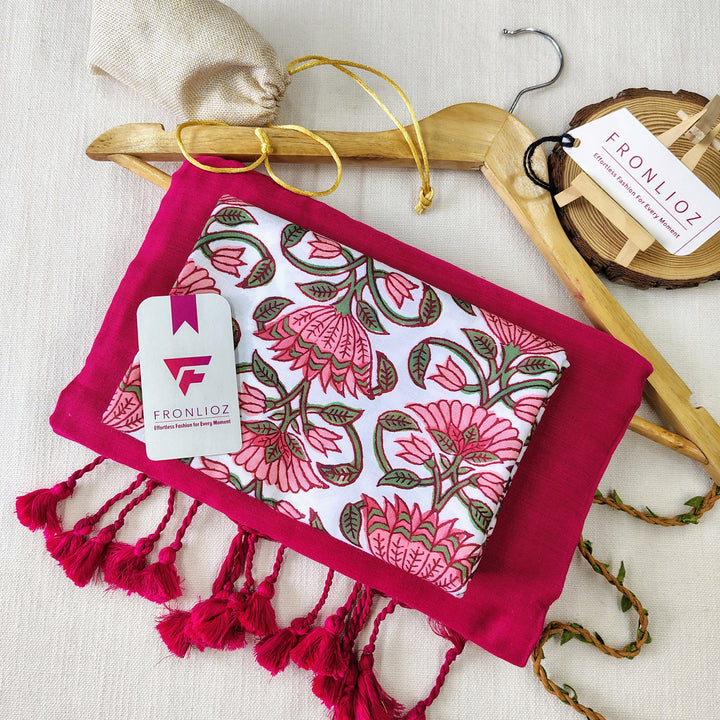 Pink Handloom Cotton Saree With Tassels & Printed Blouse-Fronlioz