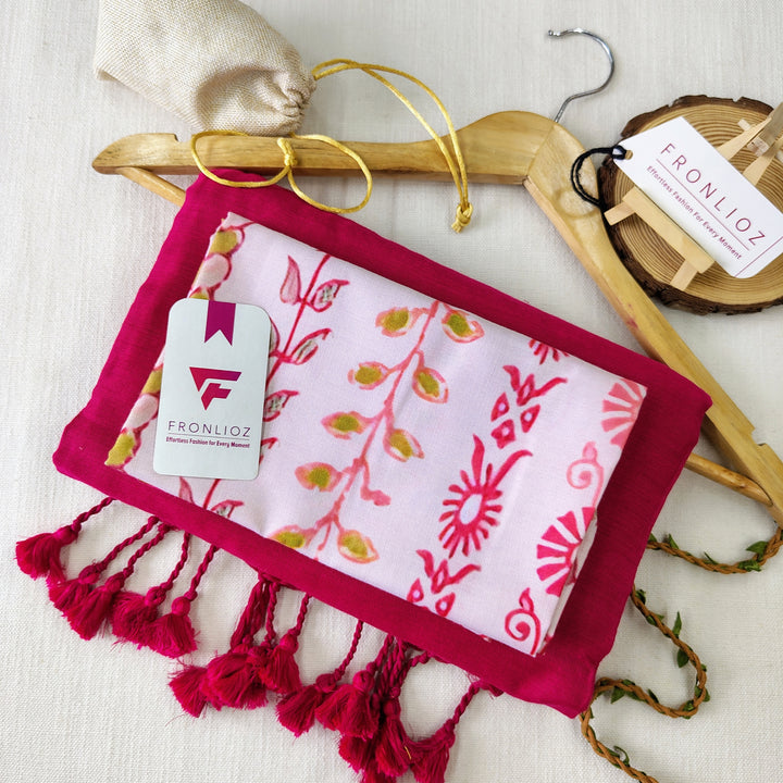 Pink Handloom Cotton Saree With Tassels & Printed Blouse-Fronlioz