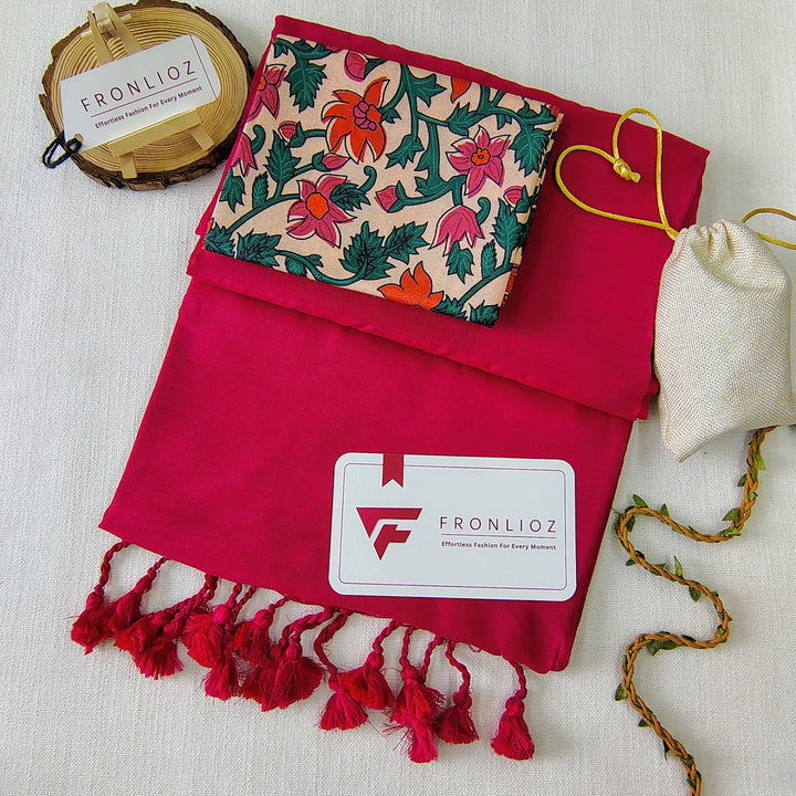 Pink Handloom Cotton Saree With Tassels & Printed Blouse-Fronlioz