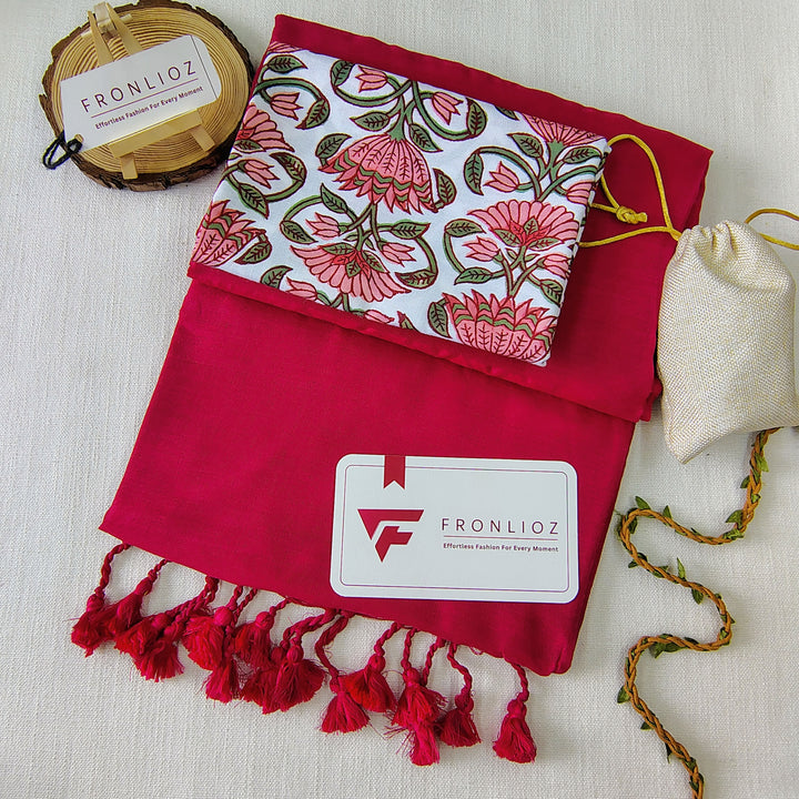 Pink Handloom Cotton Saree With Tassels & Printed Blouse-Fronlioz