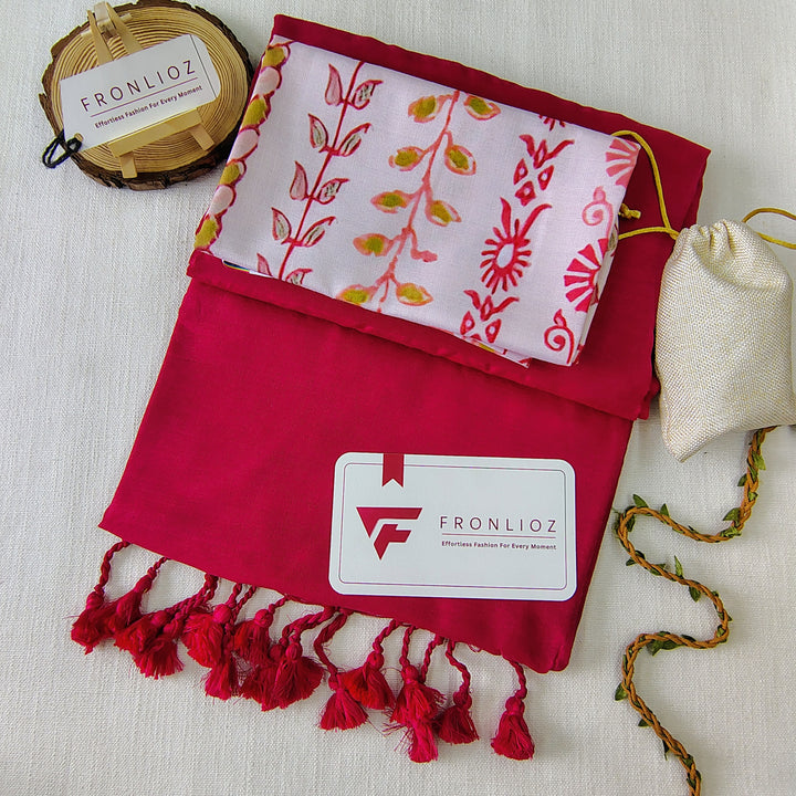 Pink Handloom Cotton Saree With Tassels & Printed Blouse-Fronlioz