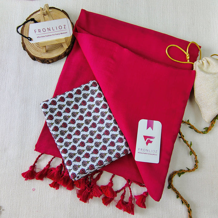 Pink Handloom Cotton Saree With Tassels & Printed Blouse-Fronlioz