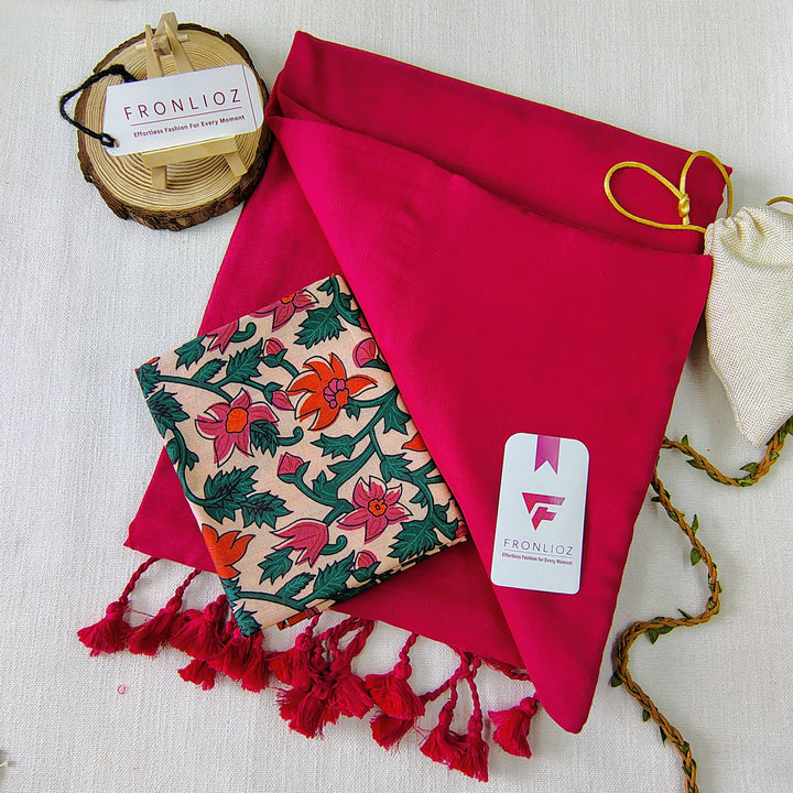 Pink Handloom Cotton Saree With Tassels & Printed Blouse-Fronlioz