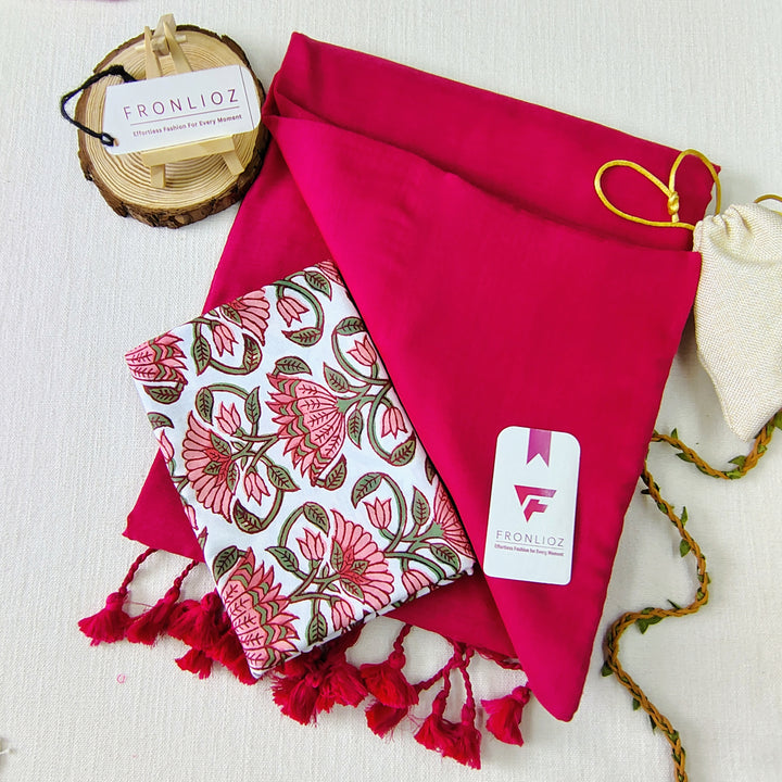 Pink Handloom Cotton Saree With Tassels & Printed Blouse-Fronlioz