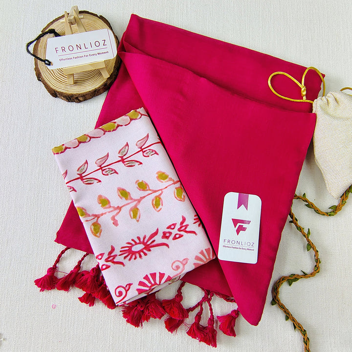 Pink Handloom Cotton Saree With Tassels & Printed Blouse-Fronlioz