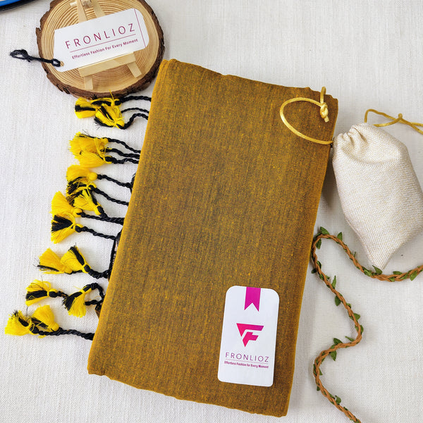 Mustard Handloom Cotton Saree With PomPom-Fronlioz