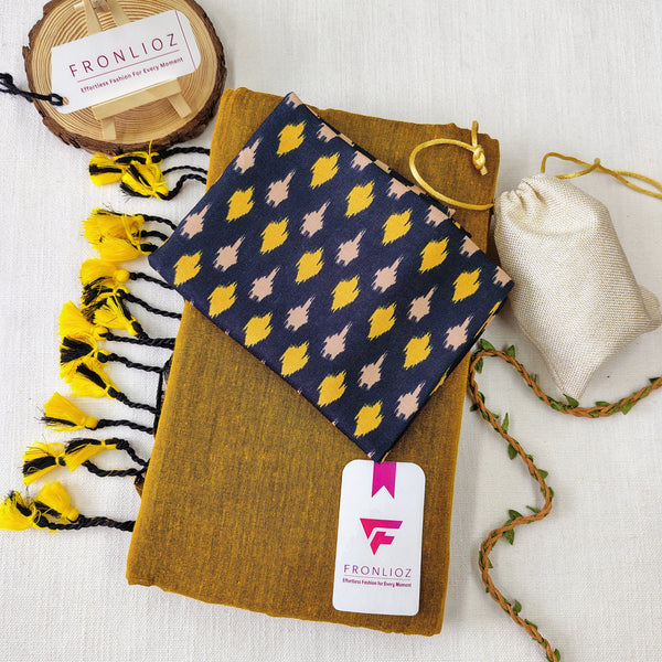 Mustard Handloom Cotton Saree With Tassels & Printed Blouse-Fronlioz