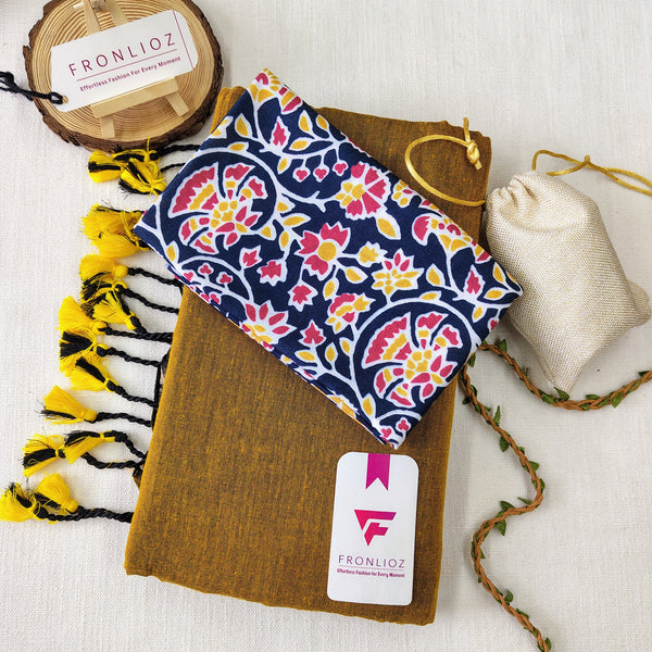 Mustard Handloom Cotton Saree With Tassels & Printed Blouse-Fronlioz