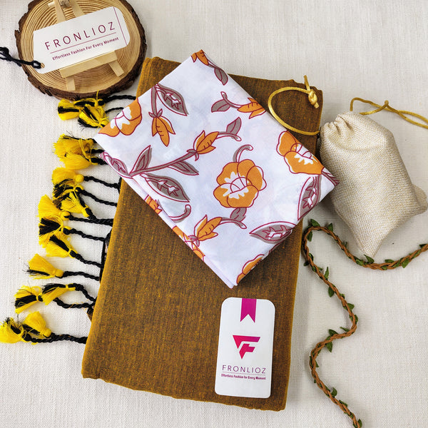 Mustard Handloom Cotton Saree With Tassels & Printed Blouse-Fronlioz