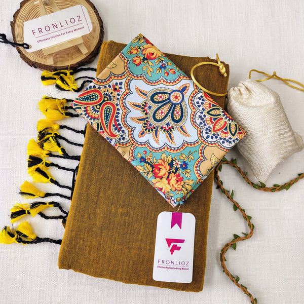 Mustard Handloom Cotton Saree With Tassels & Printed Blouse-Fronlioz