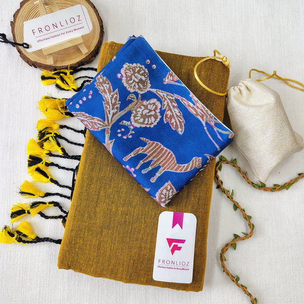 Mustard Handloom Cotton Saree With Tassels & Printed Blouse-Fronlioz