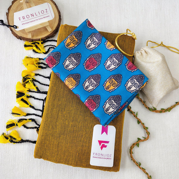 Mustard Handloom Cotton Saree With Tassels & Printed Blouse-Fronlioz