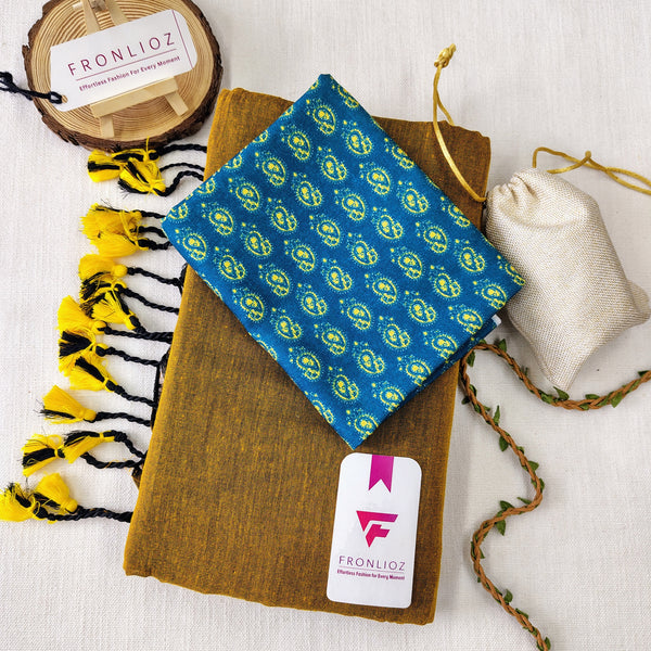 Mustard Handloom Cotton Saree With Tassels & Printed Blouse-Fronlioz