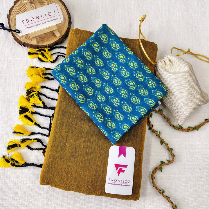 Mustard Handloom Cotton Saree With Tassels & Printed Blouse-Fronlioz