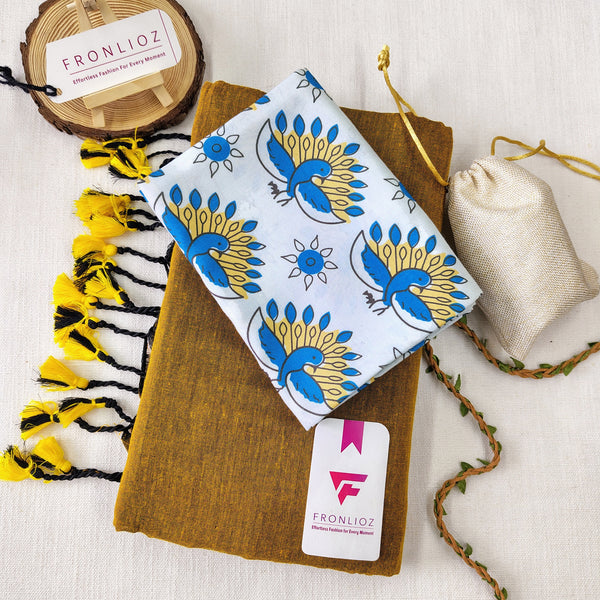 Mustard Handloom Cotton Saree With Tassels & Printed Blouse-Fronlioz