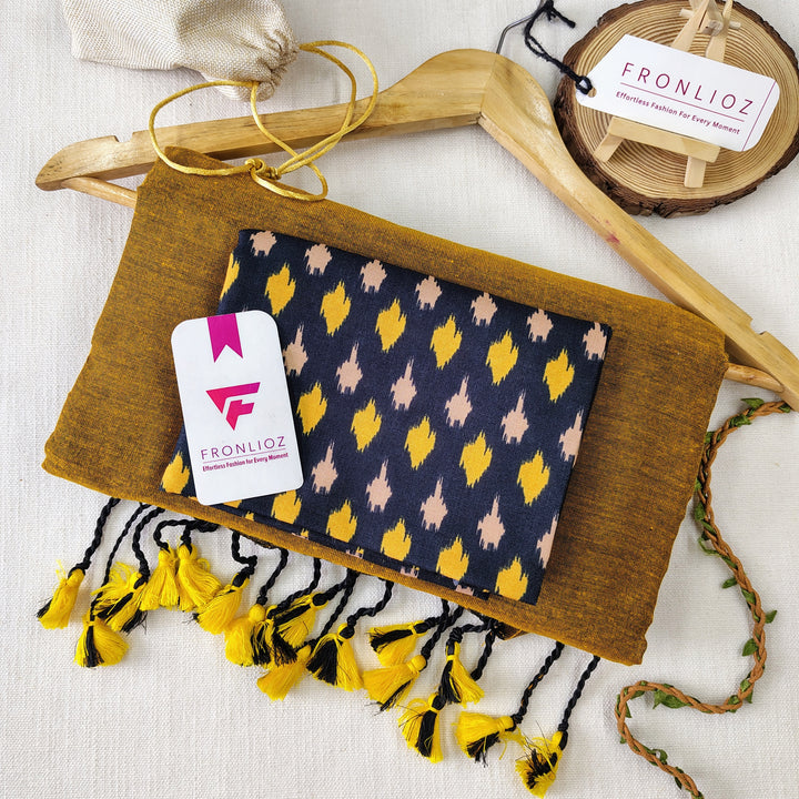 Mustard Handloom Cotton Saree With Tassels & Printed Blouse-Fronlioz