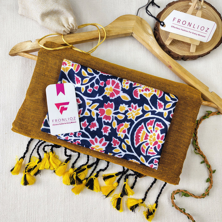 Mustard Handloom Cotton Saree With Tassels & Printed Blouse-Fronlioz