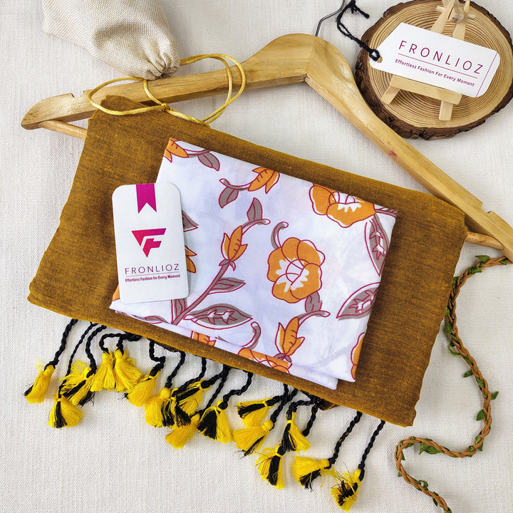 Mustard Handloom Cotton Saree With Tassels & Printed Blouse-Fronlioz