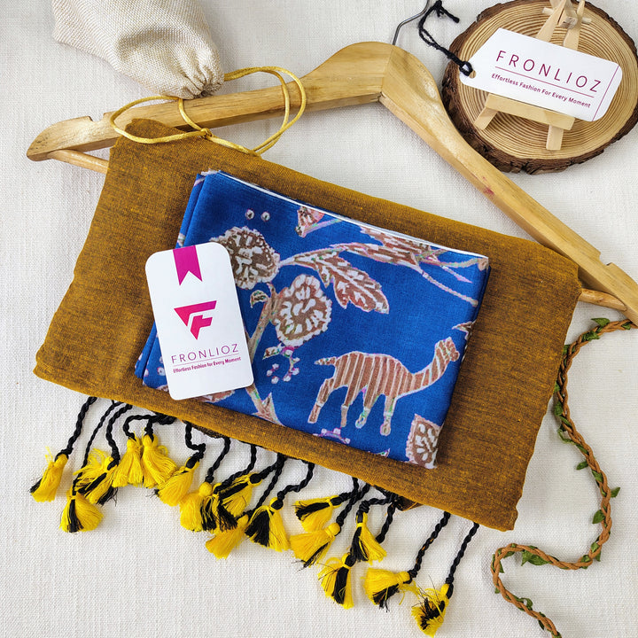 Mustard Handloom Cotton Saree With Tassels & Printed Blouse-Fronlioz