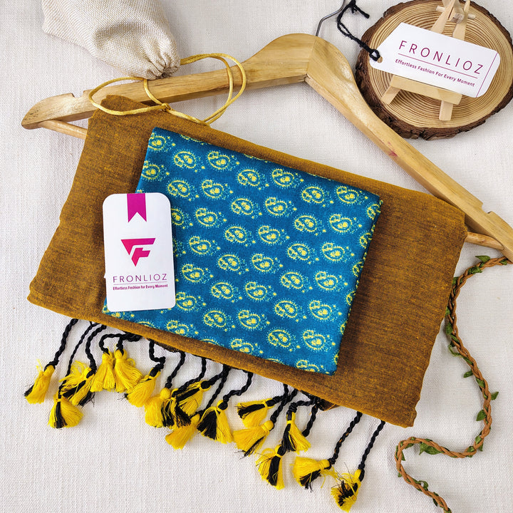 Mustard Handloom Cotton Saree With Tassels & Printed Blouse-Fronlioz