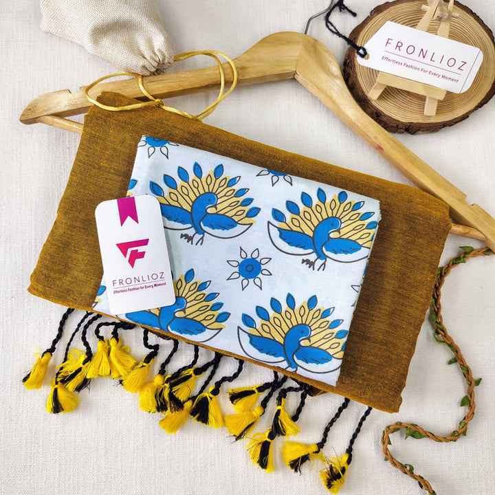 Mustard Handloom Cotton Saree With Tassels & Printed Blouse-Fronlioz