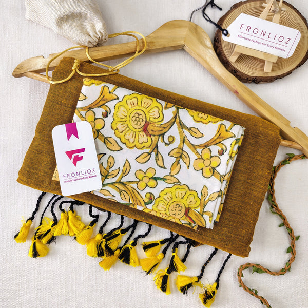 Mustard Handloom Cotton Saree With Tassels & Printed Blouse-Fronlioz