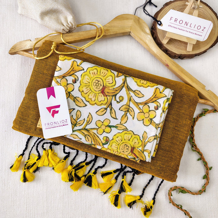 Mustard Handloom Cotton Saree With Tassels & Printed Blouse-Fronlioz