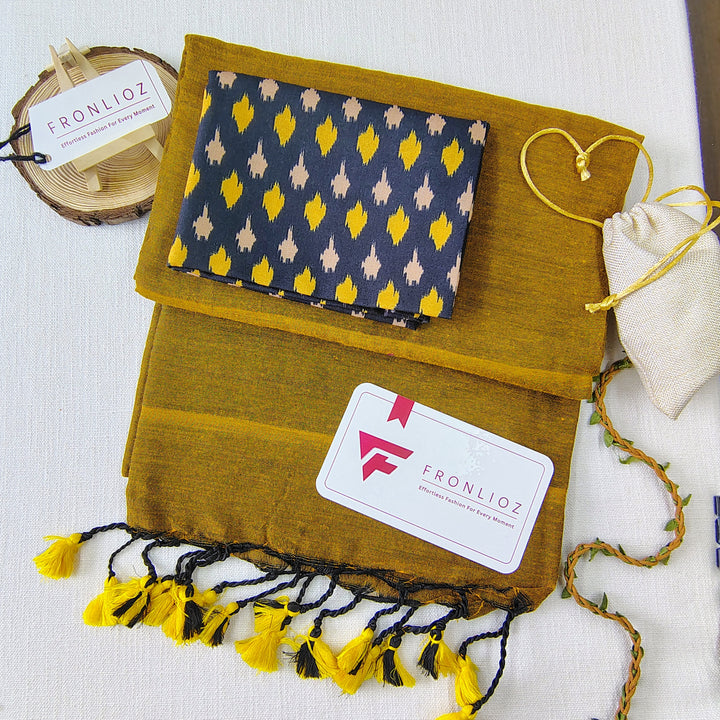 Mustard Handloom Cotton Saree With Tassels & Printed Blouse-Fronlioz