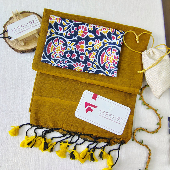Mustard Handloom Cotton Saree With Tassels & Printed Blouse-Fronlioz