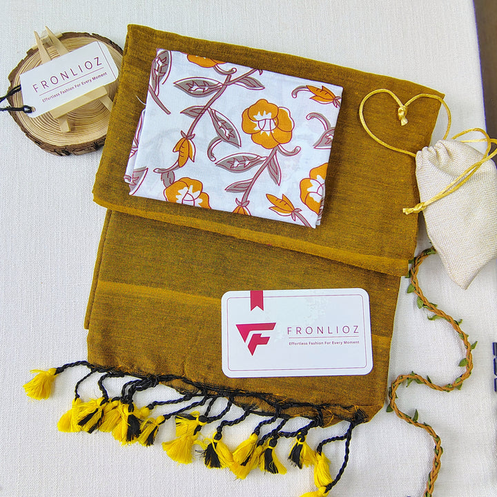 Mustard Handloom Cotton Saree With Tassels & Printed Blouse-Fronlioz