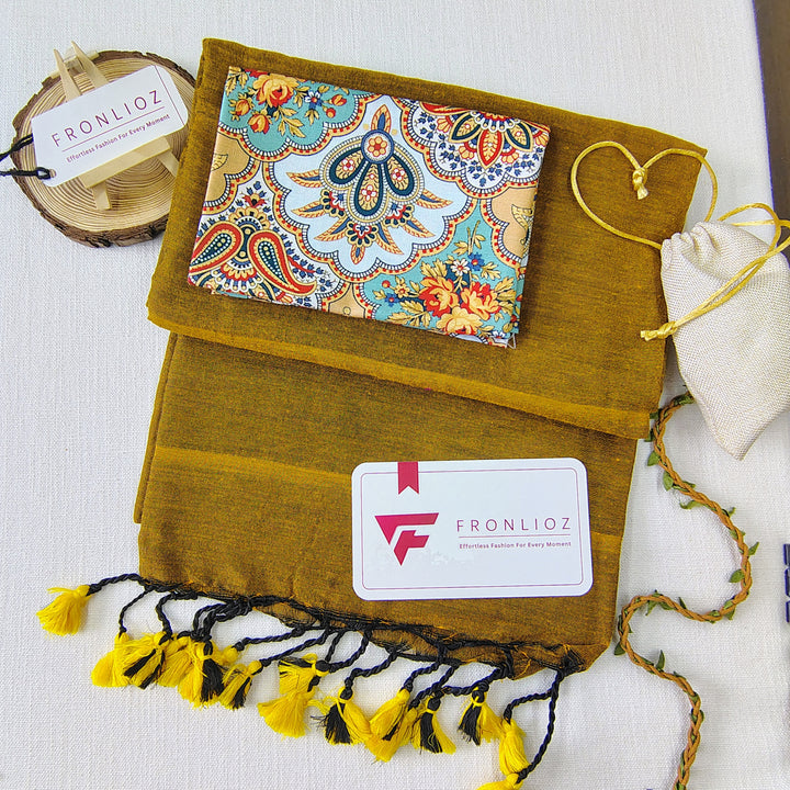 Mustard Handloom Cotton Saree With Tassels & Printed Blouse-Fronlioz