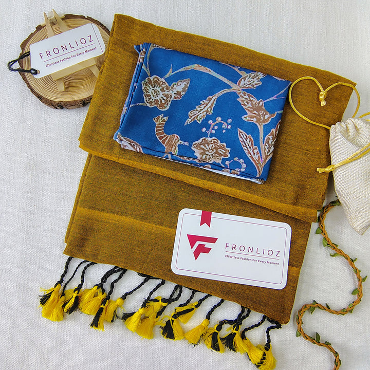 Mustard Handloom Cotton Saree With Tassels & Printed Blouse-Fronlioz