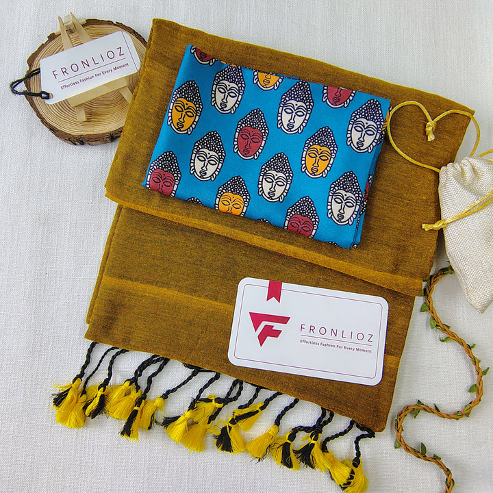 Mustard Handloom Cotton Saree With Tassels & Printed Blouse-Fronlioz