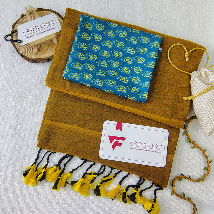 Mustard Handloom Cotton Saree With Tassels & Printed Blouse-Fronlioz