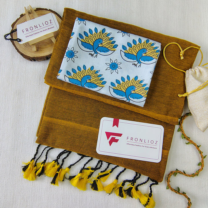 Mustard Handloom Cotton Saree With Tassels & Printed Blouse-Fronlioz