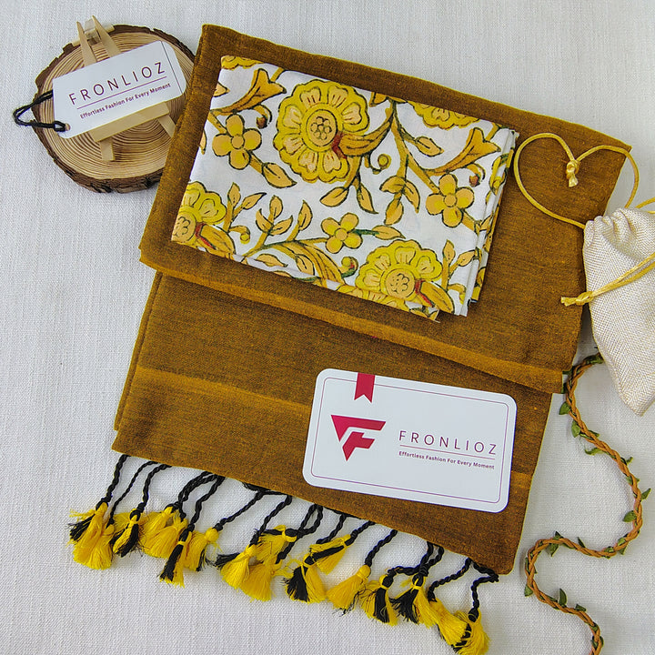 Mustard Handloom Cotton Saree With Tassels & Printed Blouse-Fronlioz