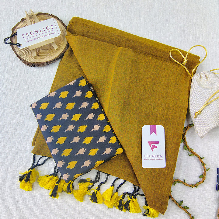 Mustard Handloom Cotton Saree With Tassels & Printed Blouse-Fronlioz