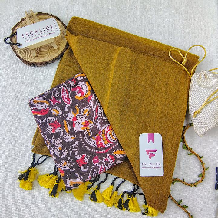 Mustard Handloom Cotton Saree With Tassels & Printed Blouse-Fronlioz