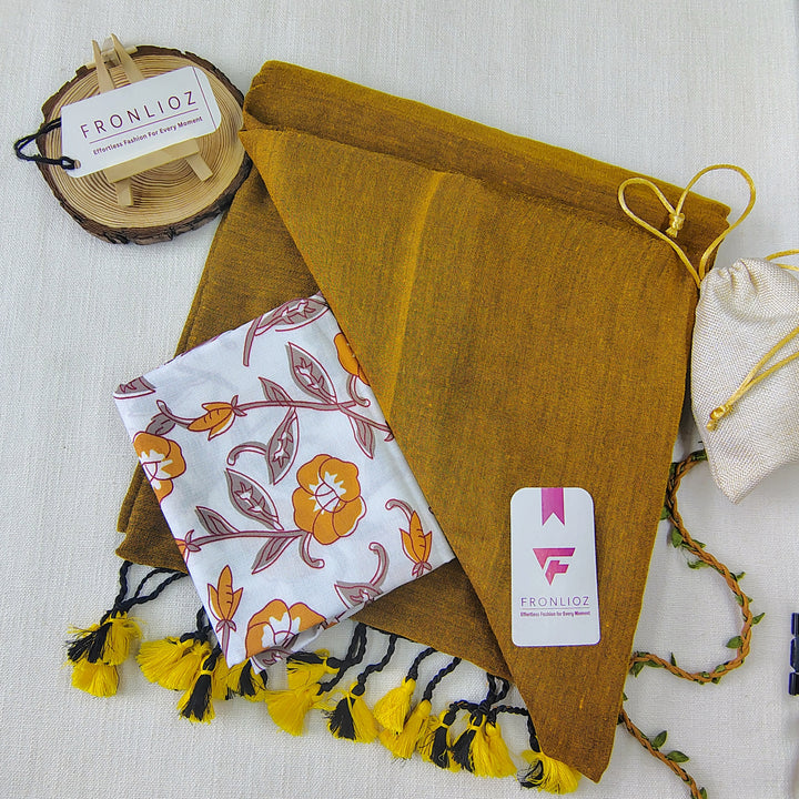 Mustard Handloom Cotton Saree With Tassels & Printed Blouse-Fronlioz