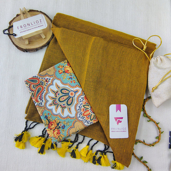 Mustard Handloom Cotton Saree With Tassels & Printed Blouse-Fronlioz
