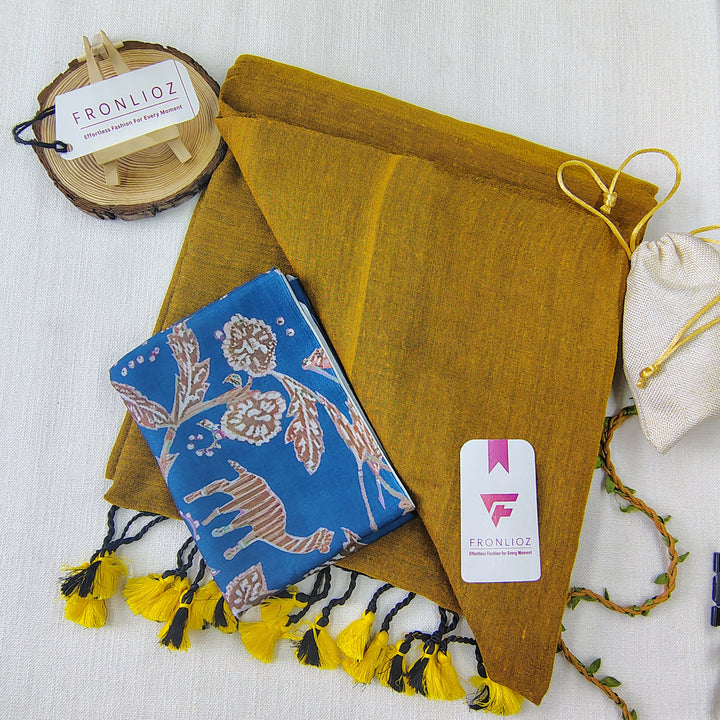 Mustard Handloom Cotton Saree With Tassels & Printed Blouse-Fronlioz
