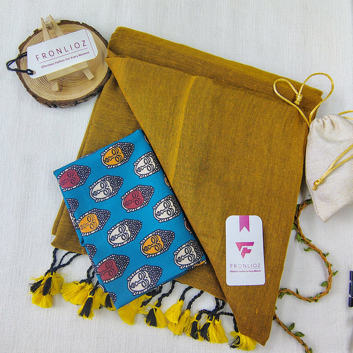 Mustard Handloom Cotton Saree With Tassels & Printed Blouse-Fronlioz