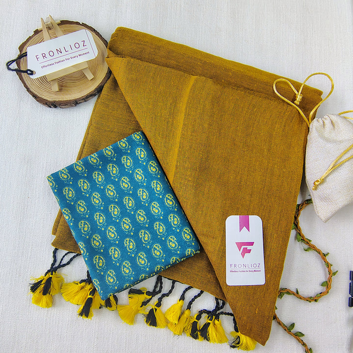 Mustard Handloom Cotton Saree With Tassels & Printed Blouse-Fronlioz