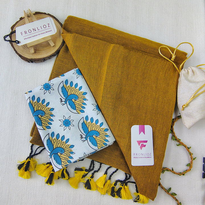 Mustard Handloom Cotton Saree With Tassels & Printed Blouse-Fronlioz