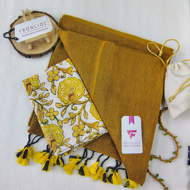 Mustard Handloom Cotton Saree With Tassels & Printed Blouse-Fronlioz