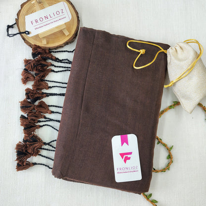 Coffee Handloom Cotton Saree With Tassels & Printed Blouse-Fronlioz