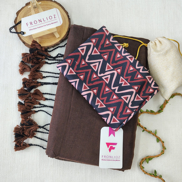 Coffee Handloom Cotton Saree With Tassels & Printed Blouse-Fronlioz