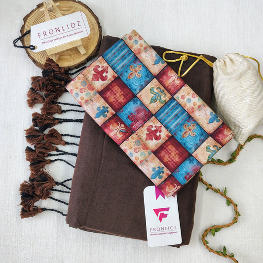 Coffee Handloom Cotton Saree With Tassels & Printed Blouse-Fronlioz