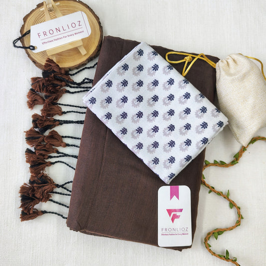 Coffee Handloom Cotton Saree With Tassels & Printed Blouse-Fronlioz