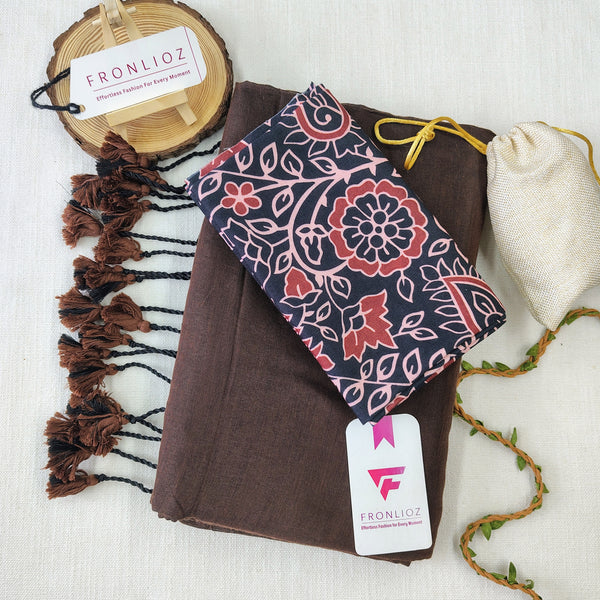 Coffee Handloom Cotton Saree With Tassels & Printed Blouse-Fronlioz